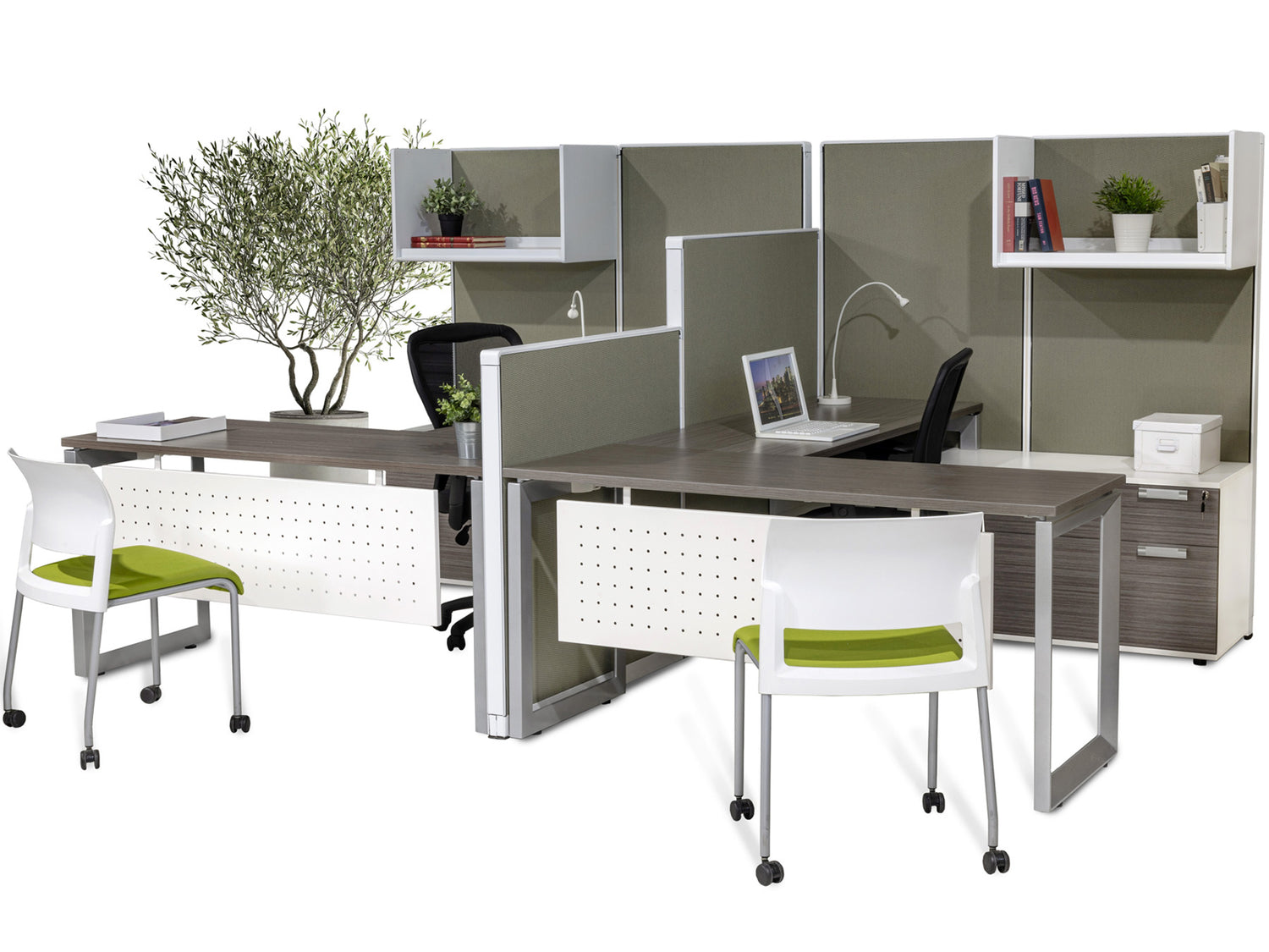 Stylish office setup with two desks and chairs.