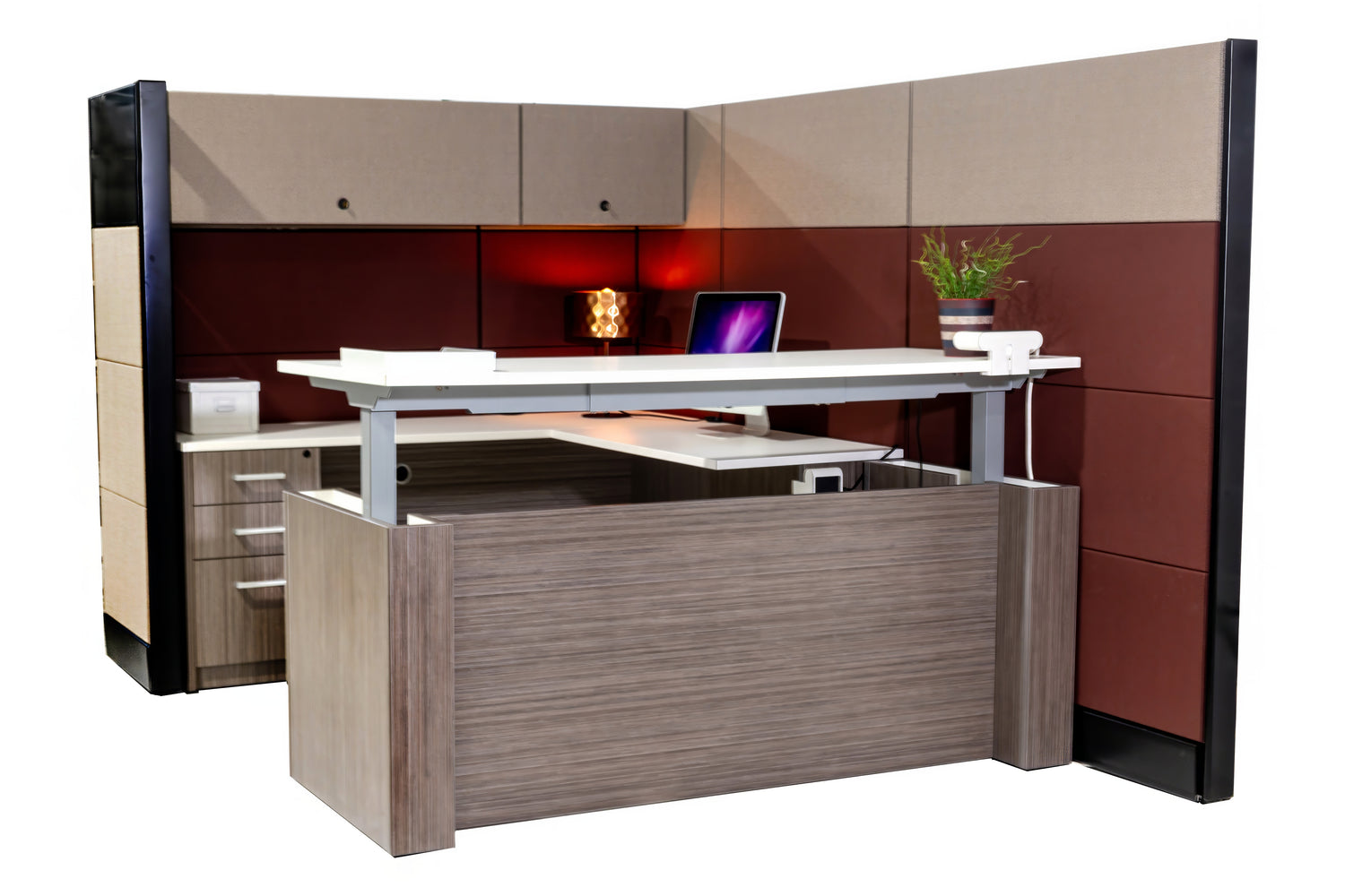 U-Shape Sit-Stand Driftwood Desk with White Top - Item 1390 - Online Office Furniture