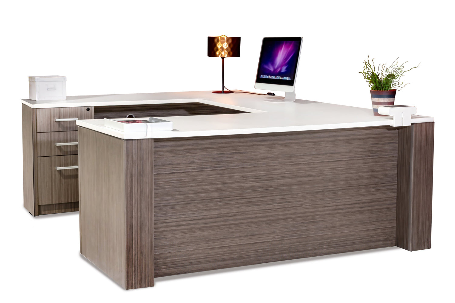 U-Shape Sit-Stand Driftwood Desk with White Top - Item 1390 - Online Office Furniture