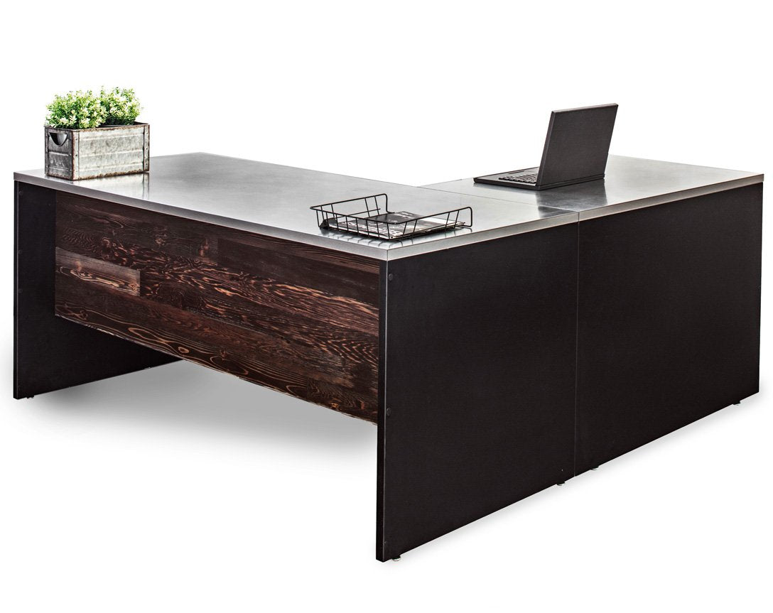 L Shape Stainless Steel Desk, Hutch with file and Reclaimed Wood Modesty  - Item