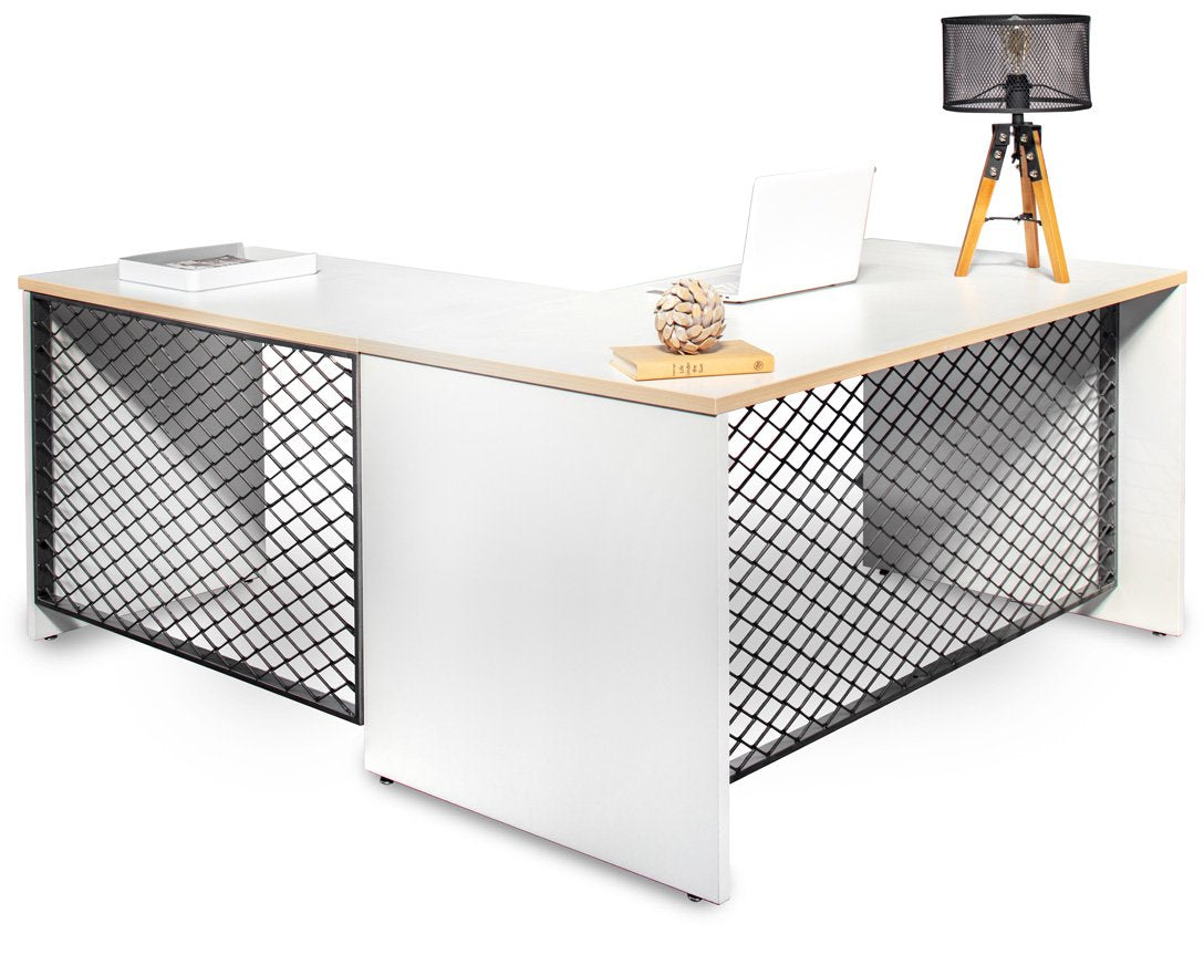 L Shape Desk with hutch file storage- white shell and wood trim - Item