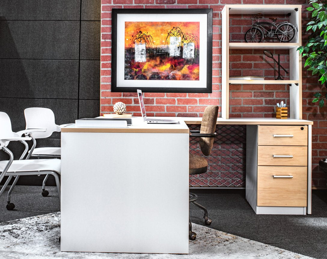 L Shape Desk with hutch file storage- white shell and wood trim - Item