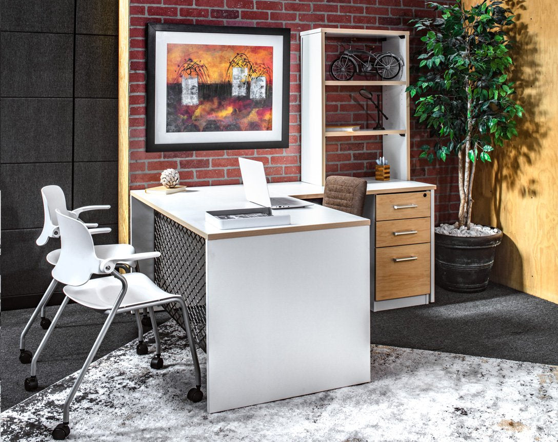 L Shape Desk with hutch file storage- white shell and wood trim - Item