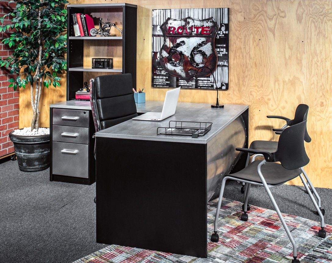 L Shape Barrel Front Desk with hutch and file - Stainless Steel - Item #1430 - Online Office Furniture