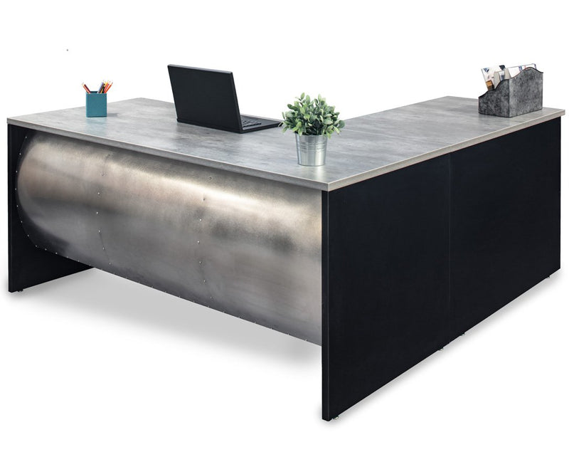 L Shape Barrel Front Desk - Stainless Steel