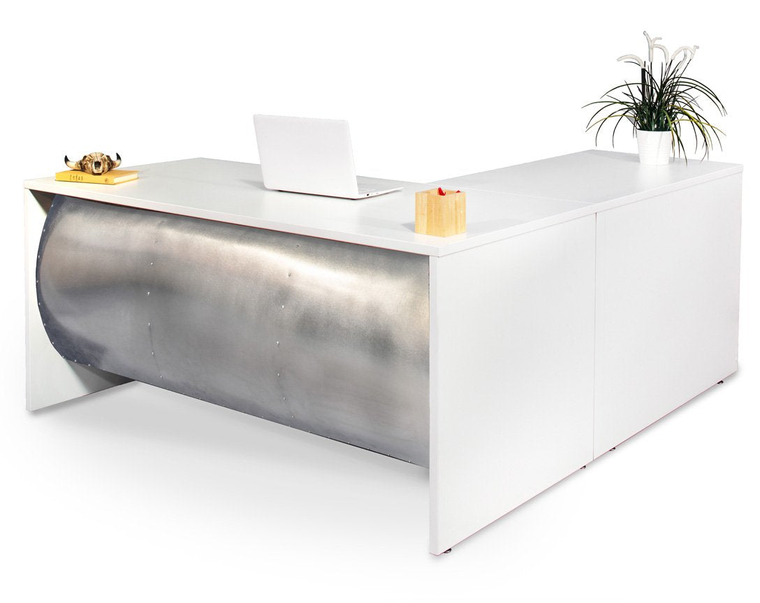 L Shape Barrel Front Desk - Stainless Steel