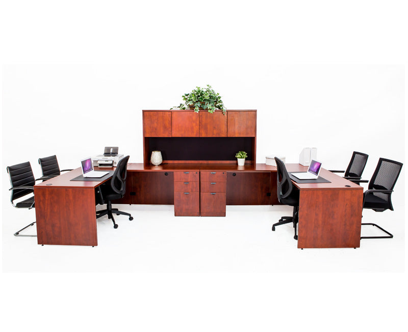Double L shaped Desk with File Pedestals and Hutch - Cherry - Online Office Furniture