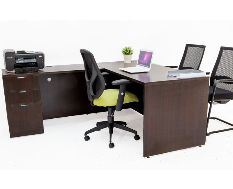 L Shaped Espresso Desk with File Pedestal - Online Office Furniture