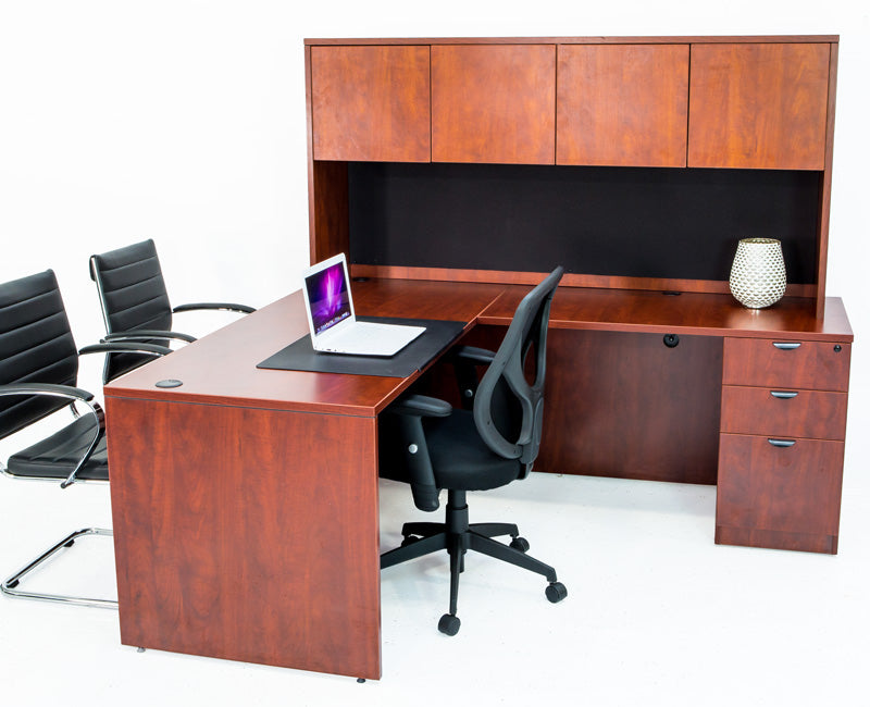 L Shaped Desk with File Pedestal and Hutch - Cherry - Online Office Furniture