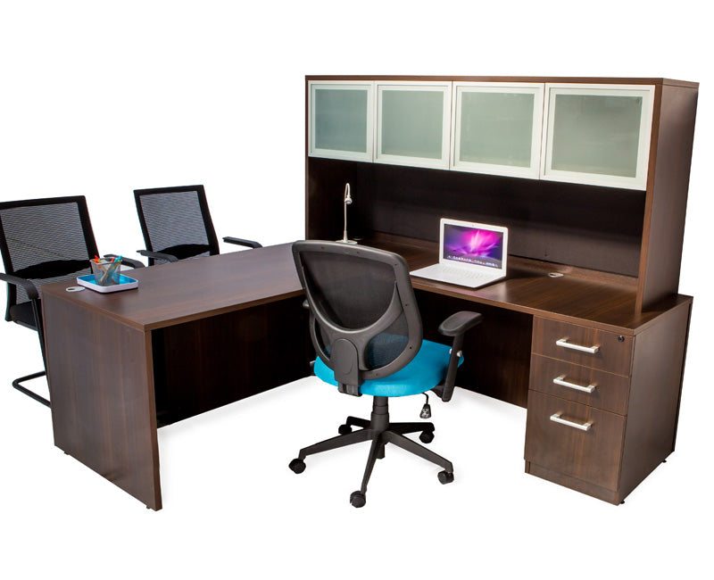 L Shaped Desk with File Pedestal and Hutch - Dark Teak - Online Office Furniture