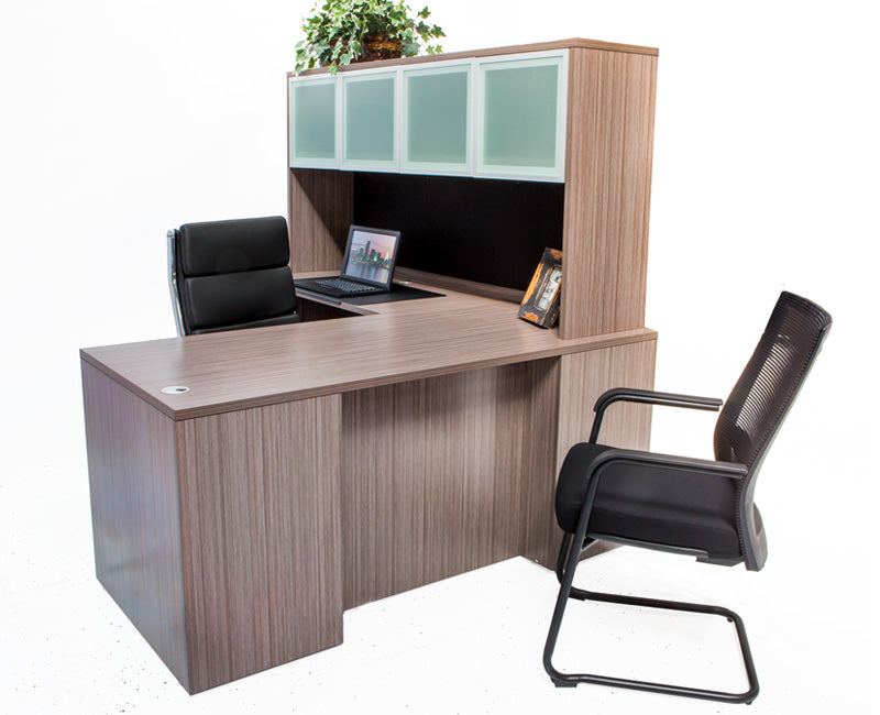 L Shaped Desk with File Pedestal and Hutch - Driftwood - Online Office Furniture