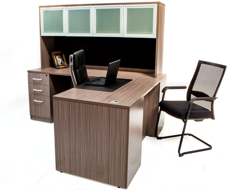 L Shaped Desk with File Pedestal and Hutch - Driftwood - Online Office Furniture