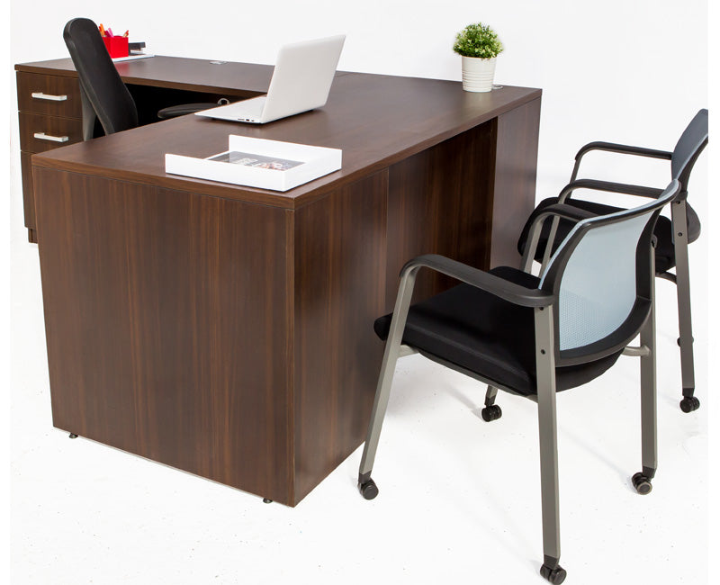 L Shaped Desk with File Pedestal - Dark Teak - Online Office Furniture
