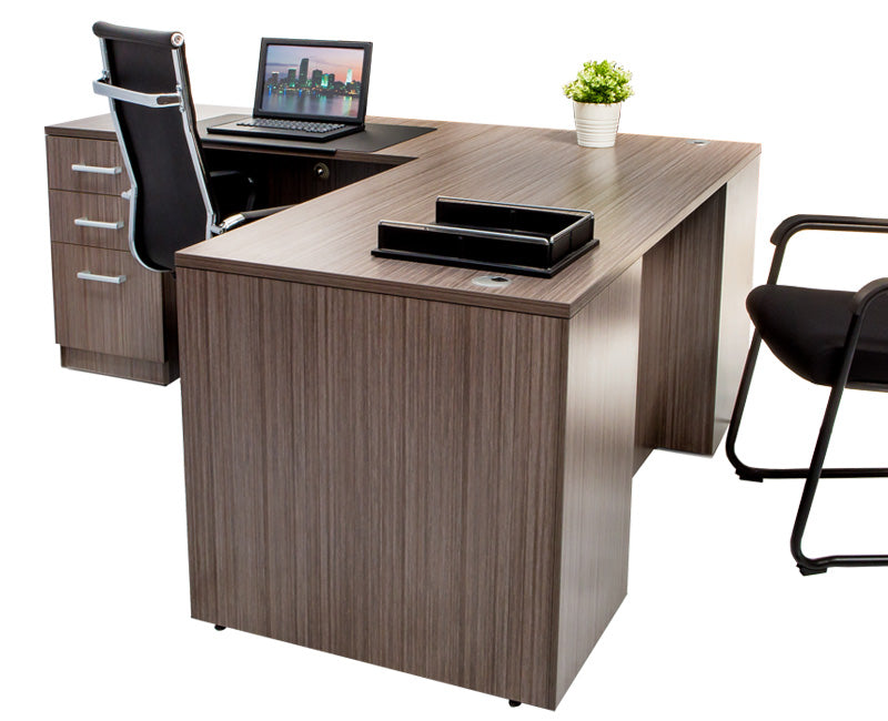 L Shaped Desk with File Pedestal - Driftwood - Online Office Furniture