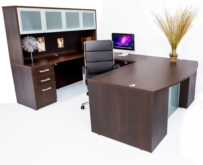 U Shaped Bow Front Desk with File Pedestal and Hutch - Dark Teak - Online Office Furniture